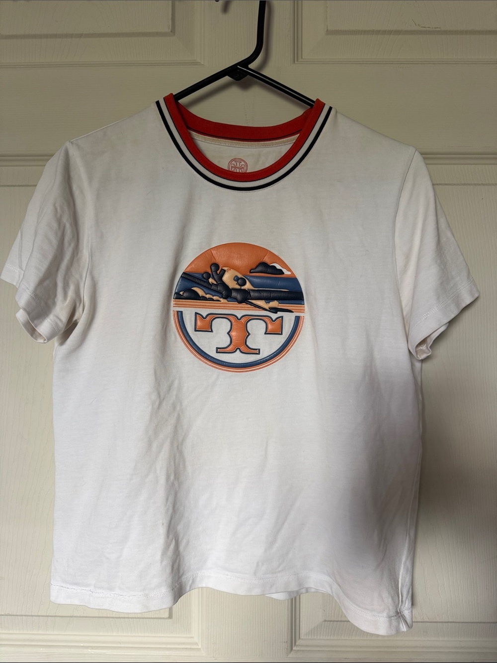 Tory Burch White Graphic Logo Ringer T-Shirt size large